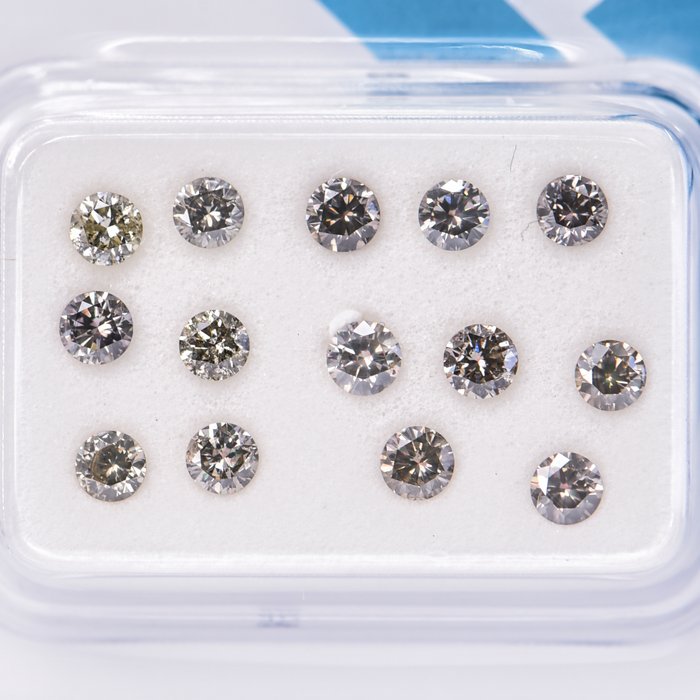 Ingen mindstepris - 14 pcs Diamant  (Naturfarvet)  - 1.02 ct - Rund - Fancy Brunlig Grå - I1 - International Gemological Institute (IGI)