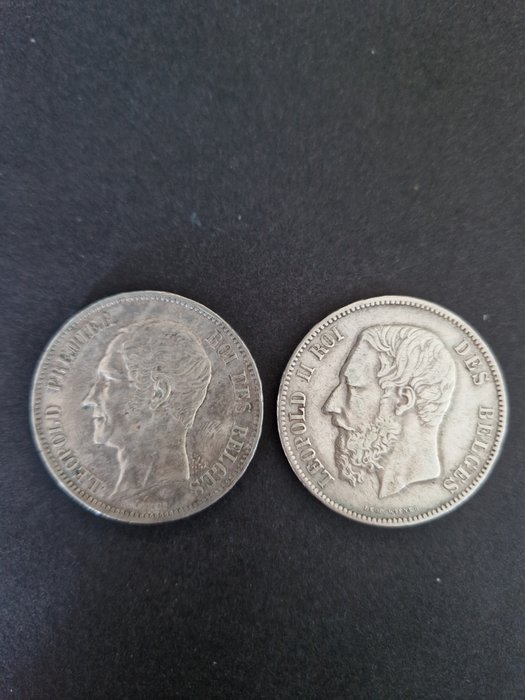 Belgien. Leopold I en Leopold II. 5 Francs 1865 en 1867  (Ingen mindstepris)