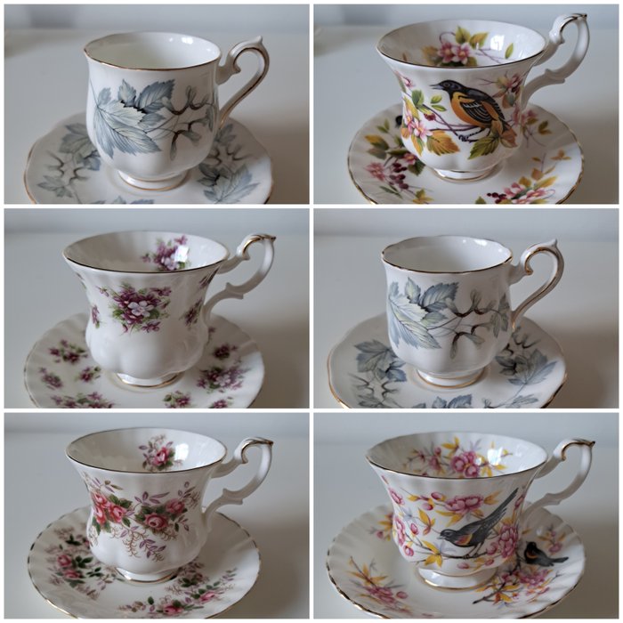 Royal Albert - Kop og underkop (12) - 2x Woodland, 2x Silver Maple, 1x Sweet Violets, 1x Lavendel Rose - Porcelæn