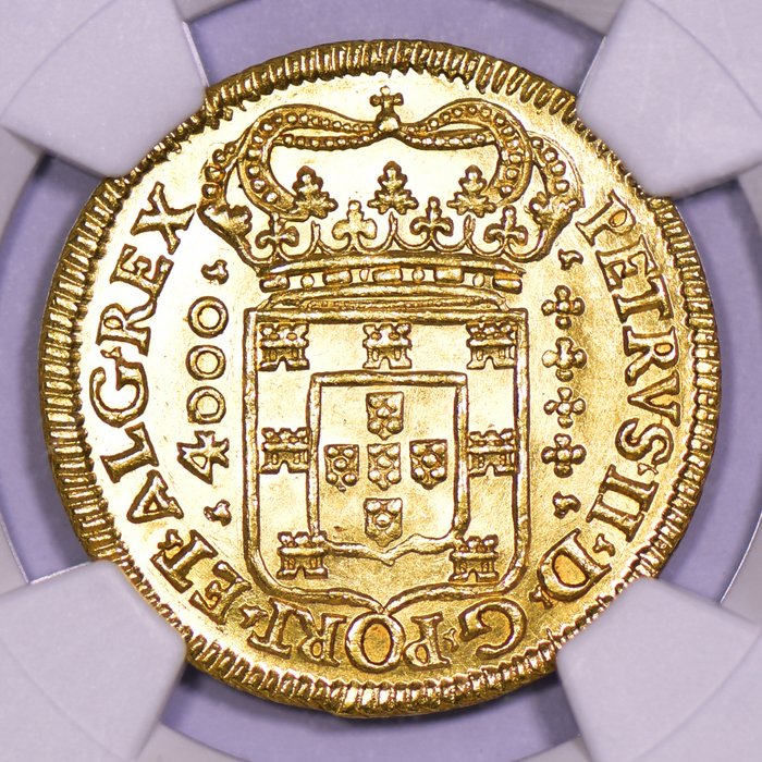 Portugal. D. Pedro II (1683–1706). Moeda (4.800 Reis) 1696 - Lisboa - NGC - MS 62 - Rara