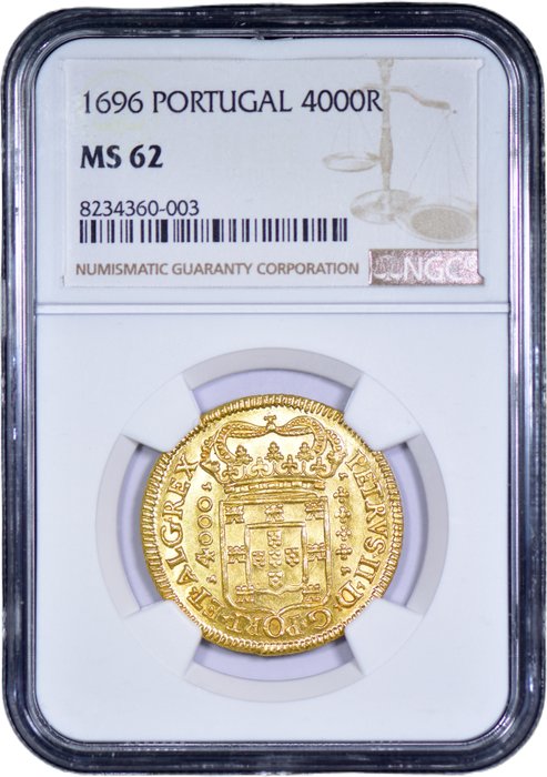 Portugal. D. Pedro II (1683–1706). Moeda (4.800 Reis) 1696 - Lisboa - NGC - MS 62 - Rara