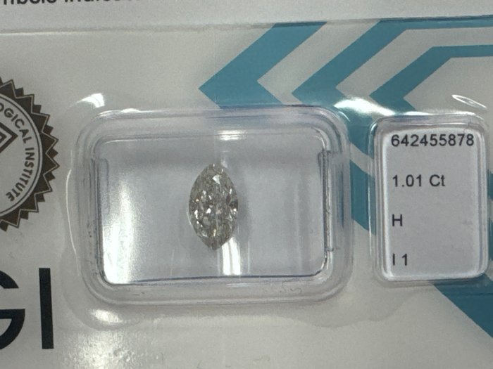 Ingen mindstepris - 1 pcs Diamant  (Natur)  - 1.01 ct - Marquise - H - I1 - International Gemological Institute (IGI)