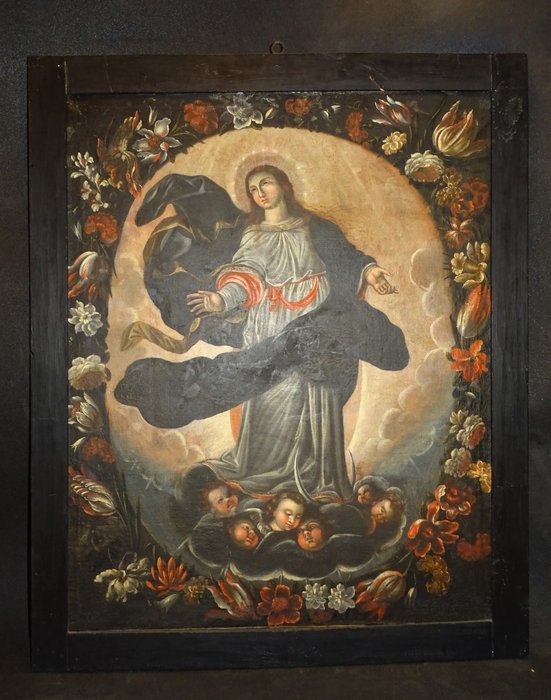 Escuela Colonial (XVII-XVIII) - Inmaculada con guirnalda de flores