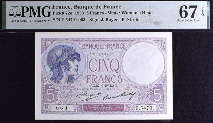 Frankrig. - 5 Francs - 27/04/1933 - Violet - Pick 72e  (Ingen mindstepris)