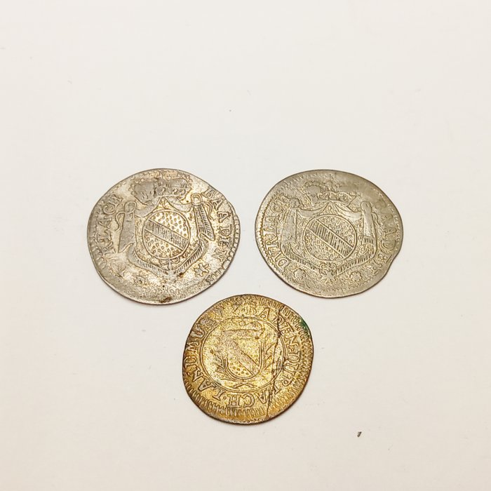 Tyskland, Baden-Durlach. 3 Silbermünzen (Billion) , 2 x 2  Kreutzer, 1 x 1 Kreutzer 1732, 1742