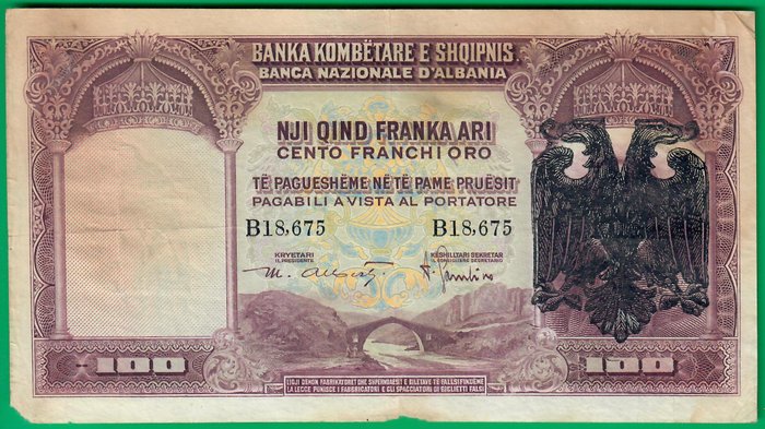 Albanien. - 100 Franka Ari - ND(overprint 1939) - Pick 5