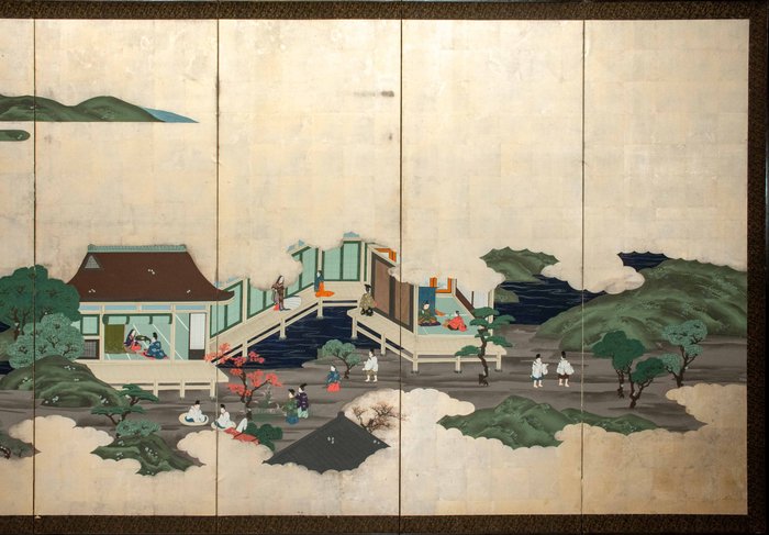 Foldeskærm - En pragtfuld sekspanels Byōbu 屏風 i bladsølv, der skildrer scener fra Tales of Genji - Japan - Edo-periode (anden halvdel af det 18.-begyndelsen af det 19. århundrede)