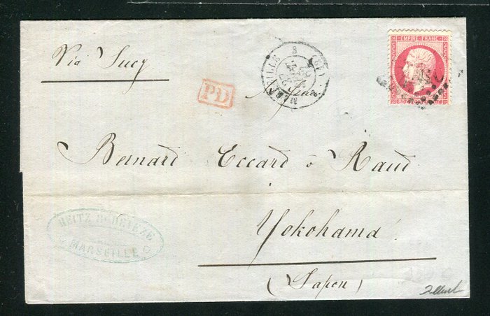 Frankrig 1867 - Superbe  Rare lettre de Marseille pour Yokohama ( Japon ) med nr. 24