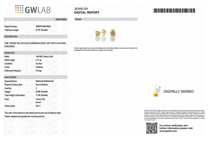 Ingen mindstepris - Øreringe - 14 karat Gulguld -  118ct tw Brun Diamant (Naturfarvet) - GWLab