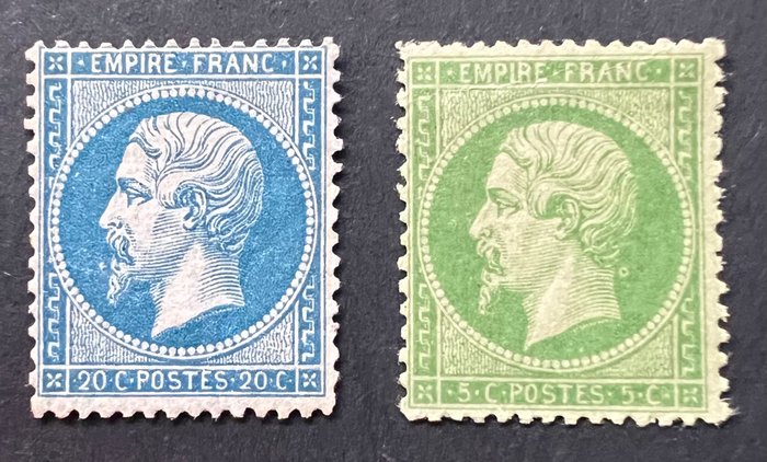 Frankrig 1862 - Klassisk Frankrig Napoleon 5c grøn og 20c blå - Yvert Tellier 20-22