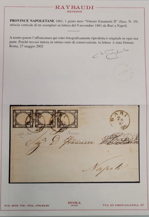 Napolitanske provinser 1861 - Smuk stribe Prov. Napolitanere af 3 eksempler på 1 sort korn - Sassone 19