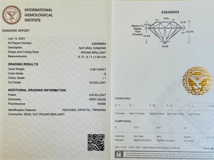 1 pcs Diamant  (Natur)  - 0.90 ct - Rund - G - I1 - International Gemological Institute (IGI)