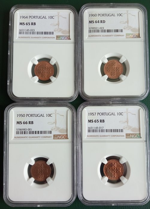 Portugal. Republic. 10 Centavos 1950/1934 (4 slabbed coins). MS65 RB, MS64 RD, MS66 RB, MS65 RB