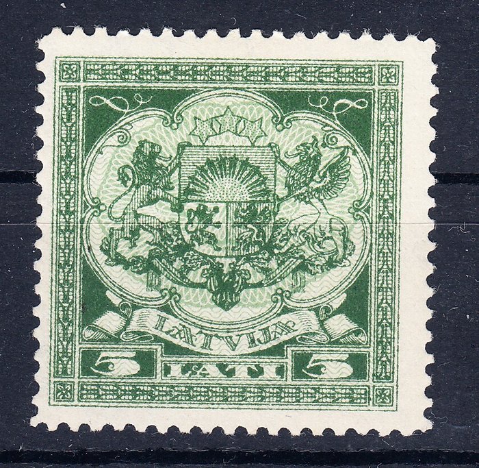 Letland 1927 - Grønt 5-sidet stempel med sjælden wmk 212 Mnh - Scott 154