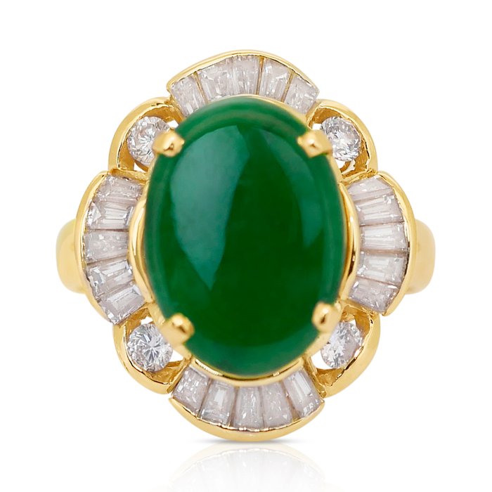 Ring - 18 kraat Gulguld -  4.58ct. tw. Jade - Diamant - Top Grøn