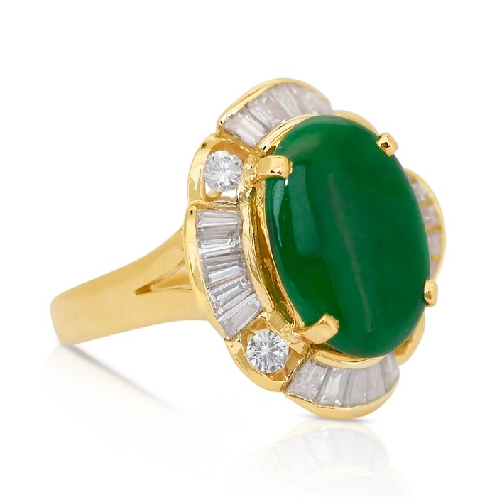 Ring - 18 kraat Gulguld -  4.58ct. tw. Jade - Diamant - Top Grøn