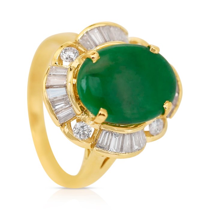 Ring - 18 kraat Gulguld -  4.58ct. tw. Jade - Diamant - Top Grøn