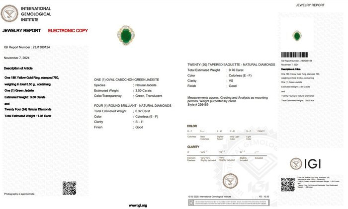 Ring - 18 kraat Gulguld -  4.58ct. tw. Jade - Diamant - Top Grøn