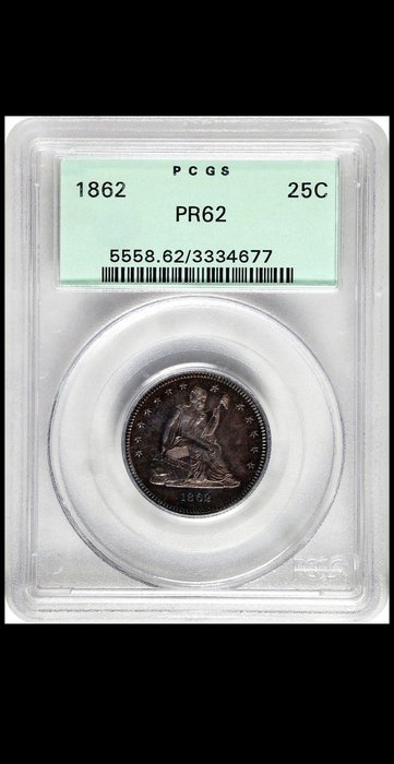 Förenta staterna. Liberty Seated Quarter 1862, PGCS Graded PR62. PROOF. RARE