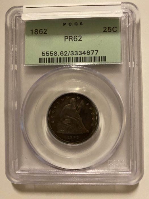 Förenta staterna. Liberty Seated Quarter 1862, PGCS Graded PR62. PROOF. RARE