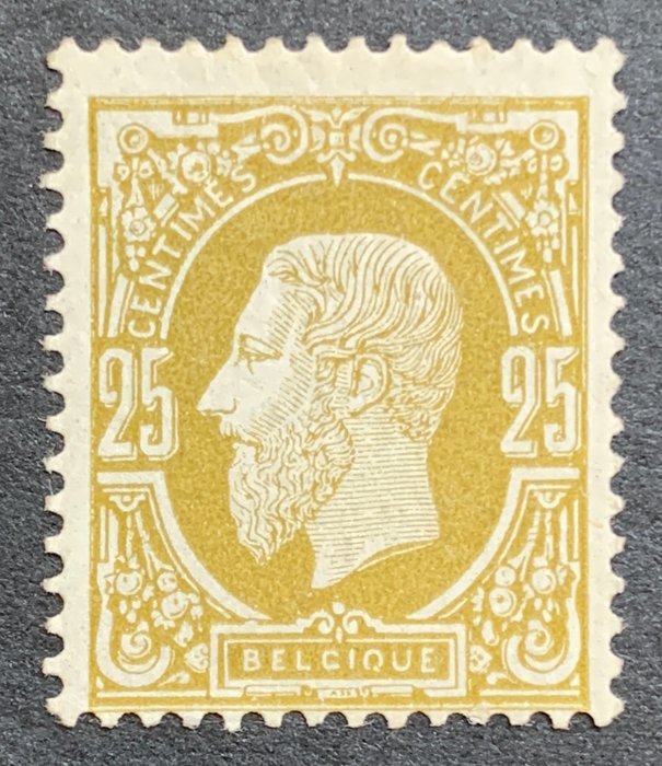 Belgien 1880 - 25c Oliven Leopold II T14 på tyndt satinpapir - OBP 32B