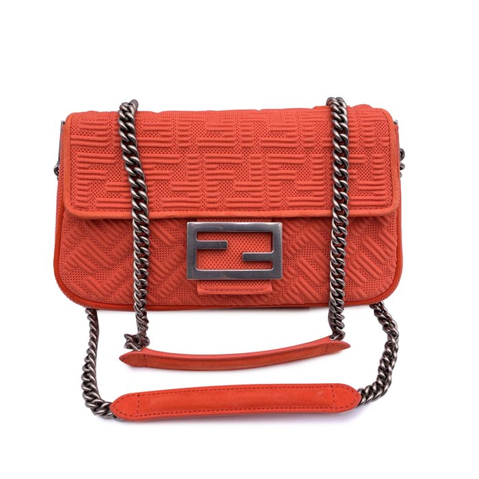 Fendi - Orange Embossed FF Logo Baguette Chain Crossbody Bag - Crossbody-taske