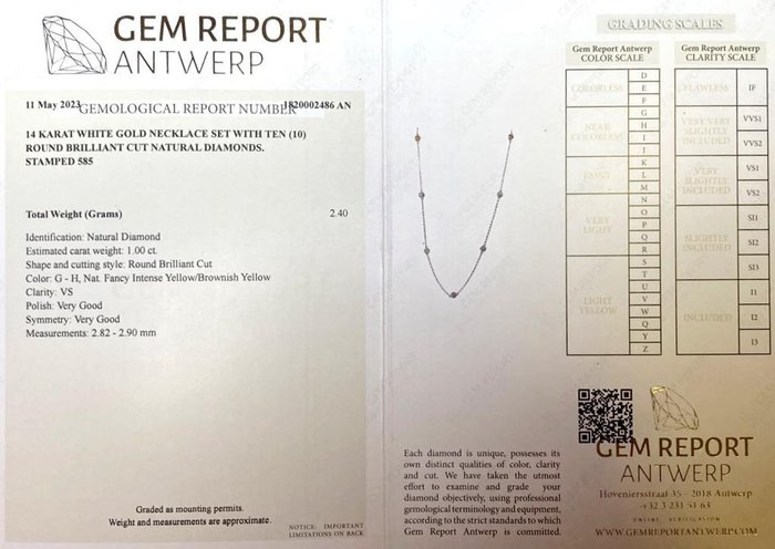 Natural Fancy intense Brownish yellow - 14 karat Hvidguld - Halskæde - 1.00 ct Diamant