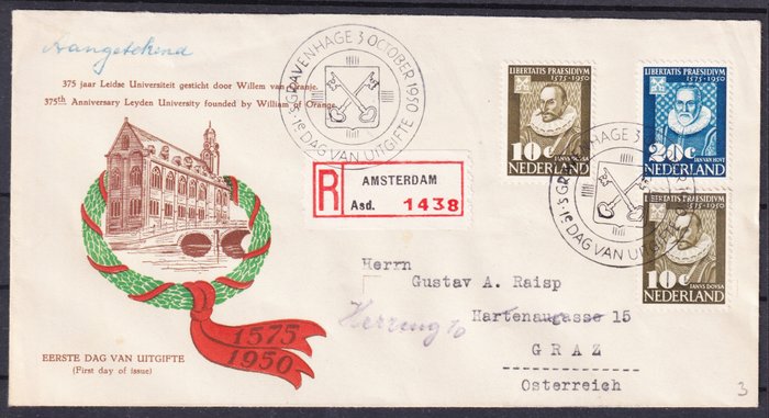 Holland 1950 - Leiden Universitet ved FDC - NVPH E3