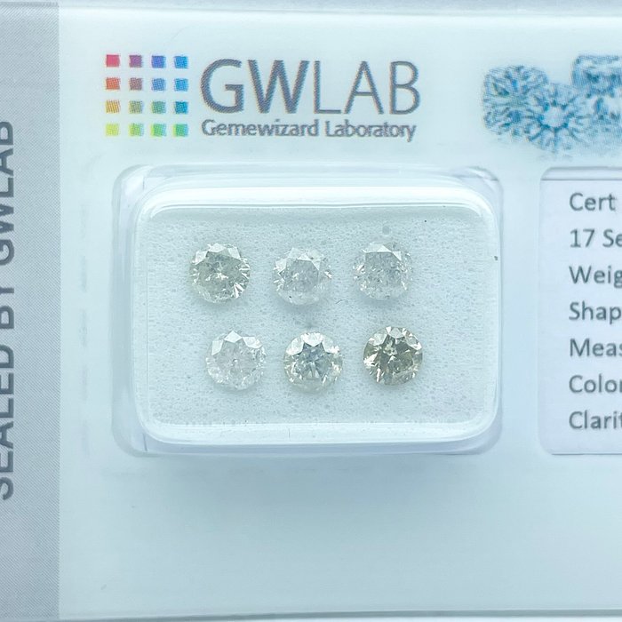 Ingen mindstepris - 6 pcs Diamant  (Naturfarvet)  - 1.40 ct - Rund Blandede farver - I1, I2, I3 - Gemewizard Gemological Laboratory (GWLab)