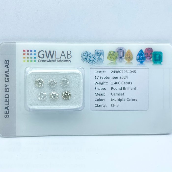 Ingen mindstepris - 6 pcs Diamant  (Naturfarvet)  - 1.40 ct - Rund Blandede farver - I1, I2, I3 - Gemewizard Gemological Laboratory (GWLab)