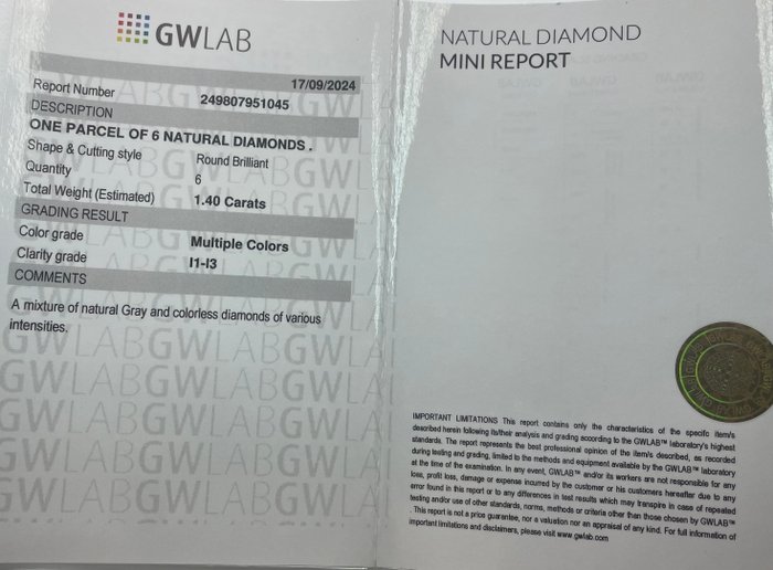 Ingen mindstepris - 6 pcs Diamant  (Naturfarvet)  - 1.40 ct - Rund Blandede farver - I1, I2, I3 - Gemewizard Gemological Laboratory (GWLab)