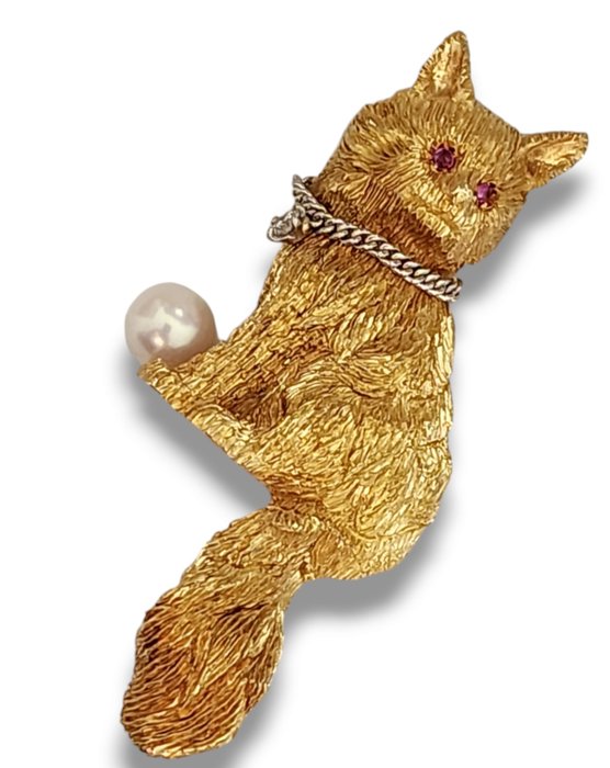 Broche - 18 kraat Gulguld, Vintage 18k Kitty Cat broche med diamantkrave og rubinøjne 24 gram