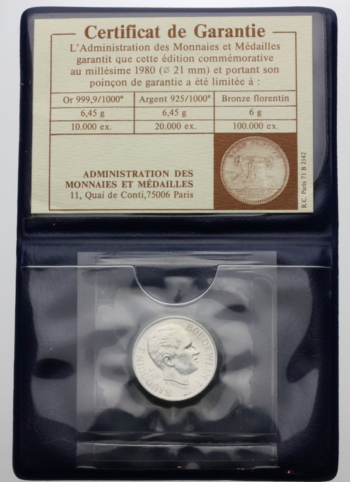 Belgien. Silver medal 1980 Baudoin Ier  (Ingen mindstepris)