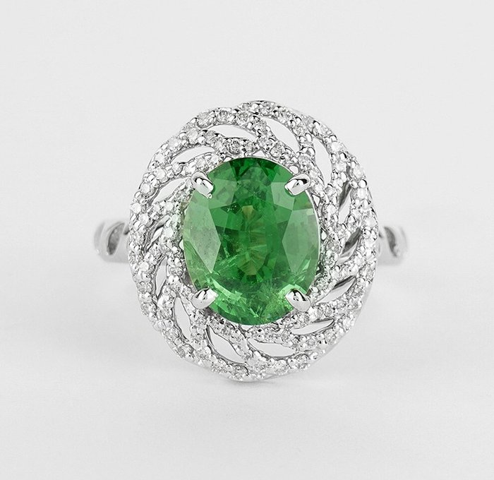 Cocktailring - 14 karat Hvidguld -  5.32ct. tw. Tsavorit - Diamant - Tsavorite granatring