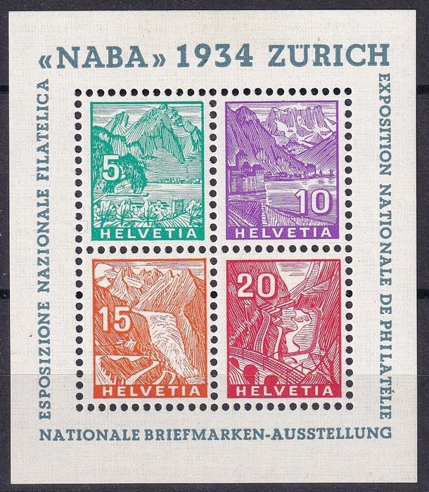 Schweiz 1934 - NABA blok med kvalitetsstempel - SBK/Michel Block 1