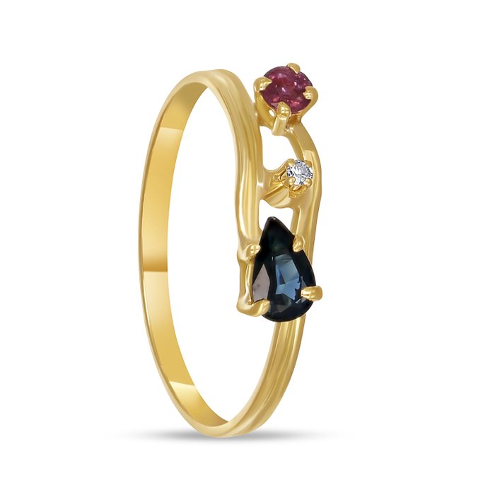 Ingen mindstepris - Ring - 18 kraat Gulguld, Ruby - Safir - Diamant -  0.21ct. tw.