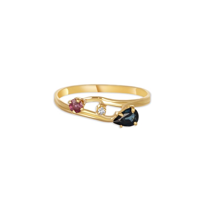 Ingen mindstepris - Ring - 18 kraat Gulguld, Ruby - Safir - Diamant -  0.21ct. tw.