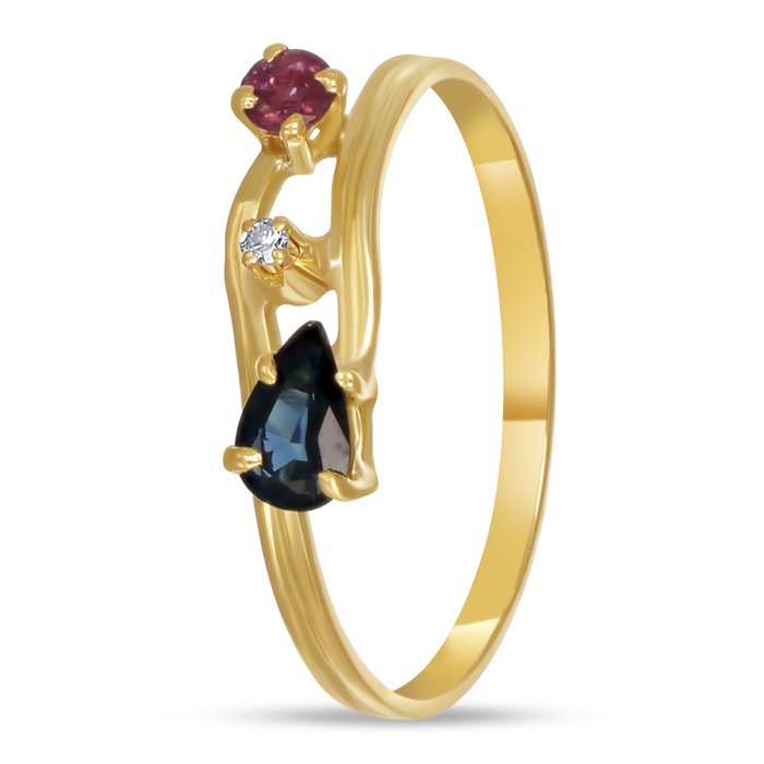 Ingen mindstepris - Ring - 18 kraat Gulguld, Ruby - Safir - Diamant -  0.21ct. tw.