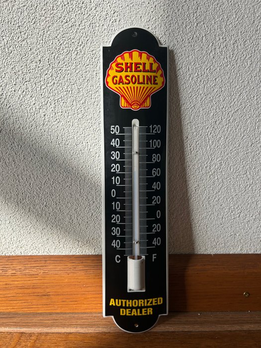 AUTHORIZED DEALER - SHELL GASOLINE - Emaljeskilt - Reklame termometer - Emalje, Metal