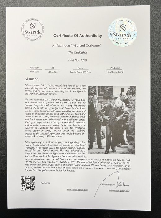 The Godfather, Al Pacino as "Michael Corleone" - Fine Art Photography - Luxury Wooden Framed 70X50 cm - Limited Edition Nr 04 of 30 - Serial ID 30140 - Original Certificate (COA), Hologram Logo Editor and QR Code - 100% New items.