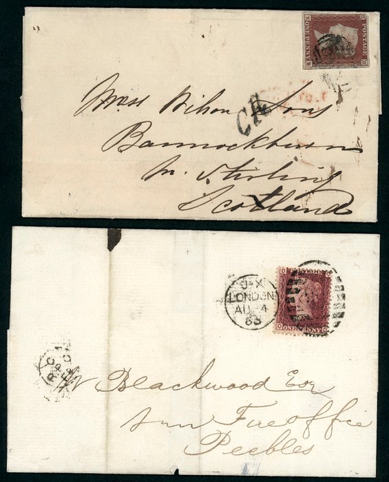 Storbritannien 1850/1855 - Storbritannien - 2 x Bahnpost - jeweils frankiert mit One Penny rotbraun Mi.Nr. 3 und 10 sowie dieverse