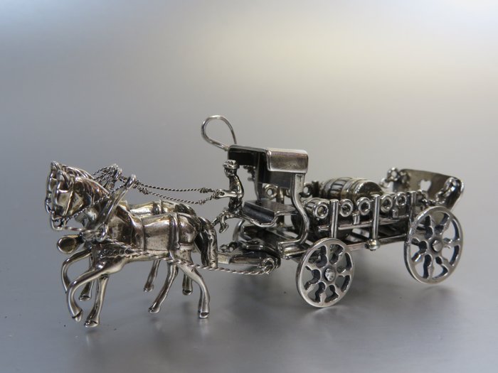 Open rijtuig-koets (Bierwagen) met 2 paarden - Miniature figur - Argentor Amsterdam 1993 - 835 sølv