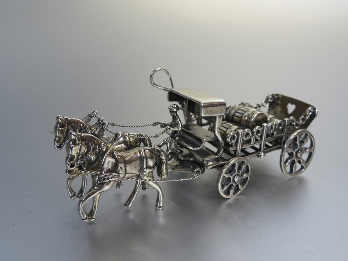 Open rijtuig-koets (Bierwagen) met 2 paarden - Miniature figur - Argentor Amsterdam 1993 - 835 sølv