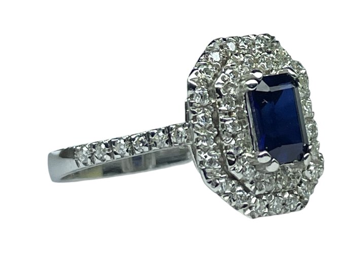 Ingen mindstepris - Ring - 18 kraat Hvidguld Safir - Diamant - INGEN RESERVEPRIS