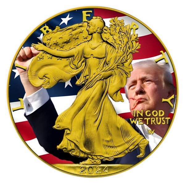 Förenta staterna. 1 Dollar 2024 Silver Eagle - Trump Survivor - 24k Gold Gilded, 1 Oz (.999)  (Ingen mindstepris)