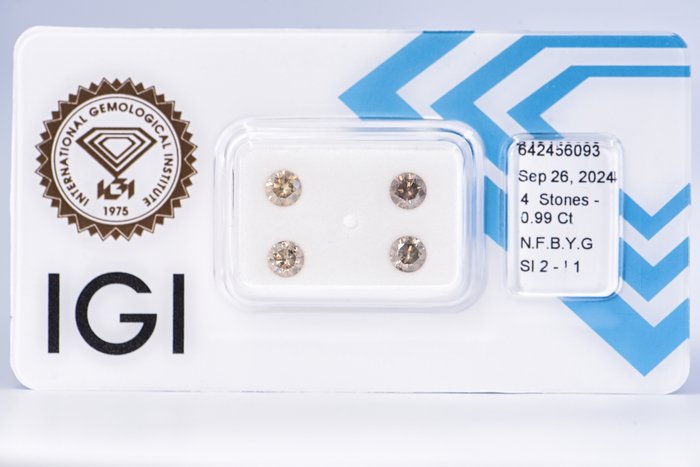 Ingen mindstepris - 4 pcs Diamant  (Naturfarvet)  - 0.99 ct - Rund - Fancy Brunlig, Gullig Grå - I1, SI2 - International Gemological Institute (IGI)