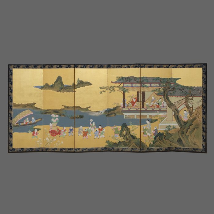 Byôbu 屏風 (foldeskærm) - Silke, Bladguld, Lakeret træ, Papir - Japan - Tidlig Meiji-periode (anden halvdel af 1800-tallet)