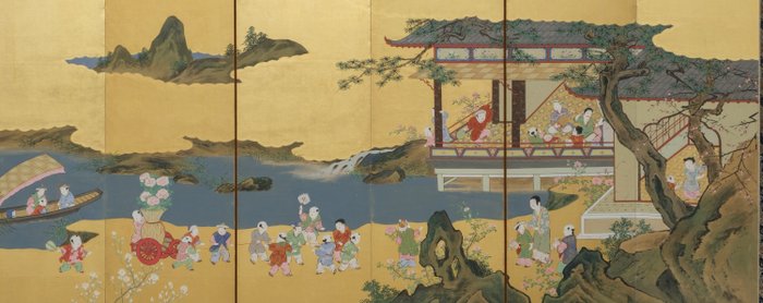 Byôbu 屏風 (foldeskærm) - Silke, Bladguld, Lakeret træ, Papir - Japan - Tidlig Meiji-periode (anden halvdel af 1800-tallet)