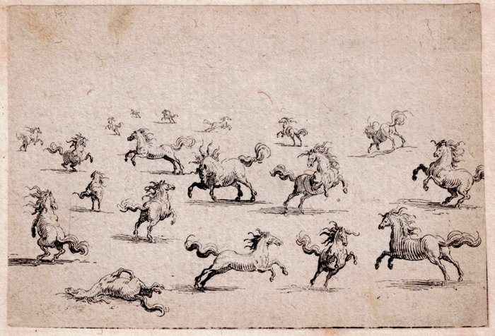 Stefano della Bella 610–1664), Jacques Callot (1592-1635) - A pair : Nineteen horses + Title etching