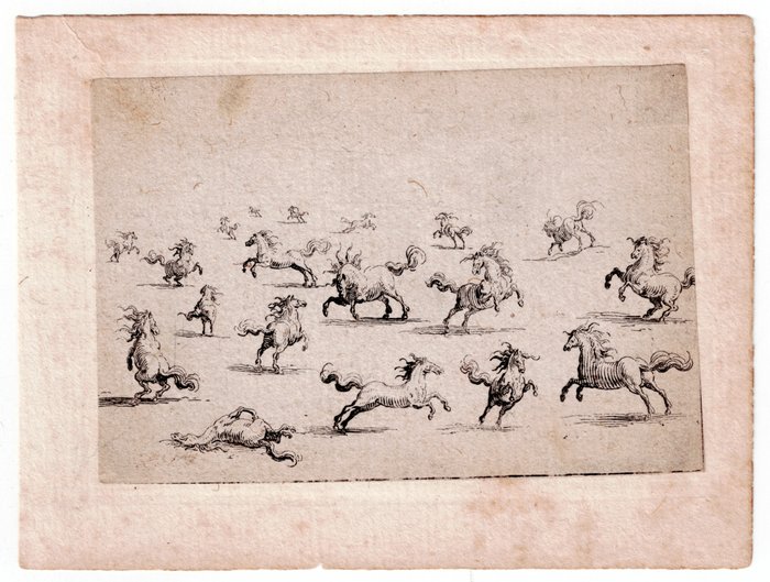 Stefano della Bella 610–1664), Jacques Callot (1592-1635) - A pair : Nineteen horses + Title etching